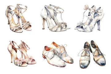 Watercolor wedding shoes set for the bride. - obrazy, fototapety, plakaty