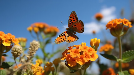 Obraz premium A field of flowers with butterflies under the autumn blue sky. Generative AI.