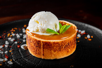 chocolate fondant cake with ice cream and caramel