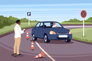 Student on driving school test. Practical driving lesson, downed cones, instructor makes notes, driver guy in car on road. City landscape cartoon flat style isolated vector concept