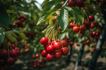 Close-up. Vibrant and juicy ripped cherries in a close-up shot on a wooden table. Ai generated.