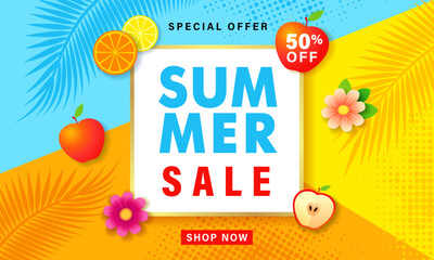 Summer sale banner with beach colors geometric shape, tropic flower, fruits and palm leaf. Discount poster design for special offer promotion. Vector illustration