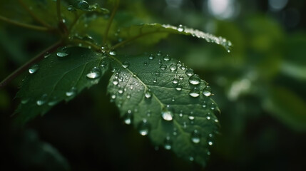 Rain drops on green leaves - AI Generative