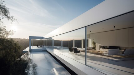 The minimalist design strong connection between the structure and the natural environment. AI generated