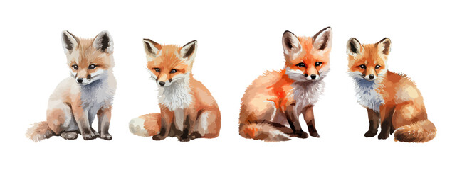 Cute red fox watercolor isolated on white background. Forest woodland animal set, wildlife for nursery, card print and kid cartoon. Vector illustration