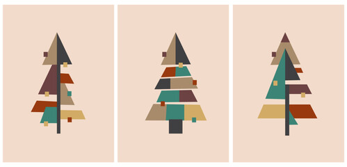 Simple Modern Winter Holidays Vector Illustration with Christmas Trees made od Triangles and Squares. Minimalist Cubism Style Christmas Cards. Geometric Style Spruce Trees on a Blush Beige Background.