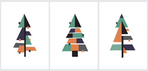 Simple Modern Winter Holidays Vector Illustration with Christmas Trees made od Triangles and Squares. Minimalist Cubism Style Christmas Cards. Geometric Style Spruce Trees on a White Background.