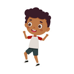 Cute little kid happy boy jump. Cartoon schoolboy character show facial expression. Vector illustration