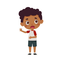 Cute little kid boy feeling disgusted. Cartoon schoolboy character show facial expression. Vector illustration