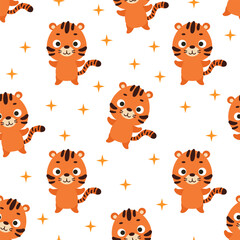 Cute little tiger seamless childish pattern. Funny cartoon animal character for fabric, wrapping, textile, wallpaper, apparel. Vector illustration