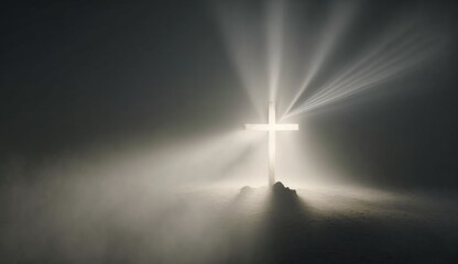 Divine Jesus Cross Enveloped in Mist and Illuminated by Gold Light, Sacred Emblem, Spiritual Belief and Religious Connection.