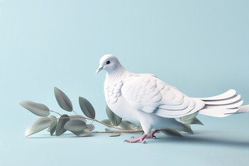 White dove with olive tree branch. Generative AI illustration