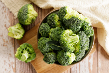 Healthy green fresh raw broccoli florets.