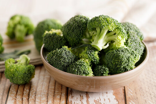 Healthy green fresh raw broccoli florets.