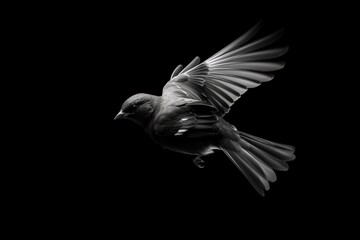 A bird in mid-flight, captured in black and whit