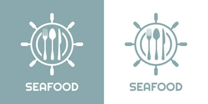 Logo restaurante con texto Seafood con silueta de cubiertos en timón de barco