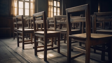 Fototapeta na wymiar old wooden school chairs close view Generative AI