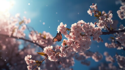 Butterfly on the peach flowers Generative AI