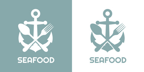 Logo restaurante con texto Seafood con silueta de tenedor y cuchara cruzados en ancla de barco  © teracreonte