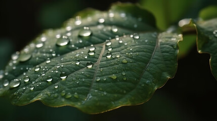 A close-up of a green leaf with raindrops. Al generated