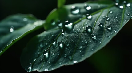 A close-up of a green leaf with raindrops. Al generated