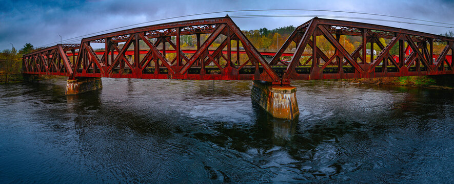 Railroad Bridge in rain at Hooksett over the Merrimack River near Lebanon, New Hampshire, USA