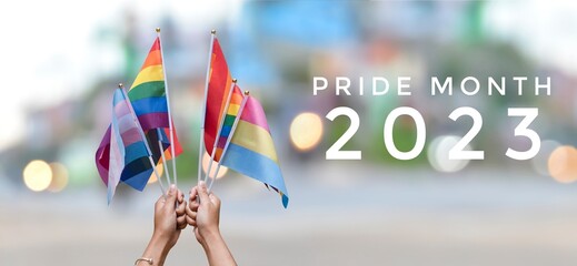 'Pride Month 2023' on rainbow flags and street bokeh background, concept for lgbtq+ people celebrations in pride month, June, around the world and calling out people to respect gender diversity. - obrazy, fototapety, plakaty