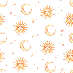 Watercolor seamless magic celestial pattern with golden sun with face, stars and crescent. Illustration for astrological blogs, prints, label, tags, fabric, wrapping paper, background, nursery room.