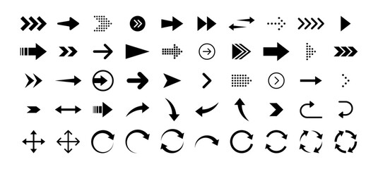 Arrows set of 50 black icons. Arrow icon. Arrow vector collection. Arrow. Cursor. Modern simple arrows. Vector illustration. - obrazy, fototapety, plakaty