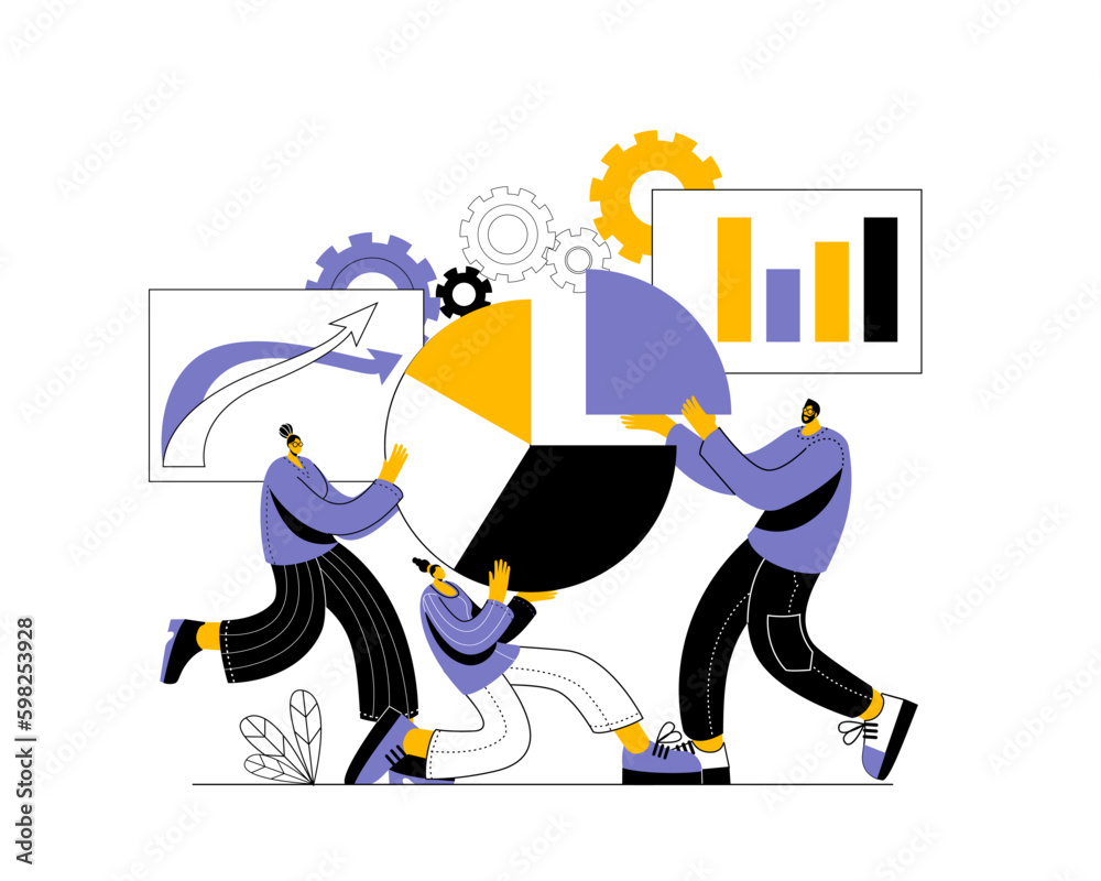 Aufkleber a team of analysts works with data in the form of various graphs. funny vector illustration on the t