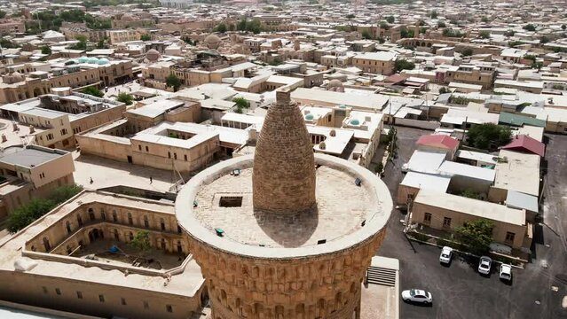 Buhara, Uzbekistan Aerial view of Kalan Minaret Emir and Alim Khan madrasah of Po-i-Kalan (Poi Kalan) - islamic religious complex