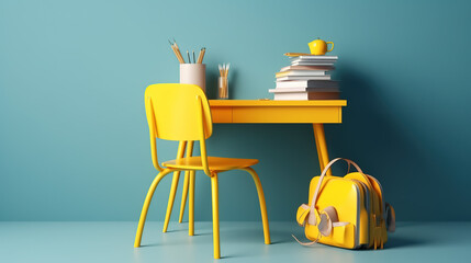 School desk with school accessory and yellow backpack on blue background  - Generative Ai