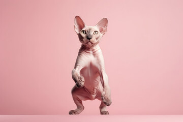 Cat Sphynx In Jumping, In Flight On Light Pink Background Full Body, Wide Angle, Studio Photo. Generative AI