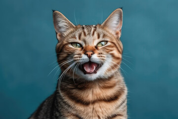 Obraz premium Very Happy Cheerful Cat Exotic On Light Blue Background. Generative AI