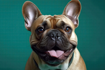 Fototapeta premium Very Happy Cheerful Dog French Bulldog On Light Green Background. Generative AI