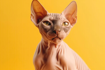 Happy Cheerful Cat Sphynx On Light Yellow Background. Generative AI