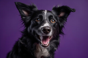 Very Happy Cheerful Dog On Purple Background. Generative AI