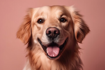 Very Happy Cheerful Dog Golden Retriever On Light Pink Background. Generative AI