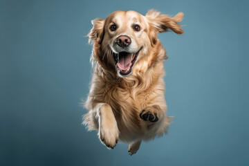 Very Happy Cheerful Dog Golden Retriever In Jumping, In Flight On Light Blue Background Full Body, Wide Angle. Generative AI