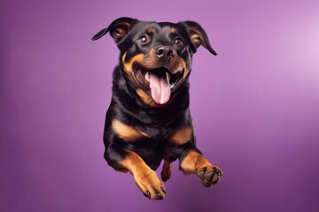 Very Happy Cheerful Dog Rottweiler In Jumping, In Flight On Light Purple Background Full Body, Wide Angle, Studio Photo. Generative AI