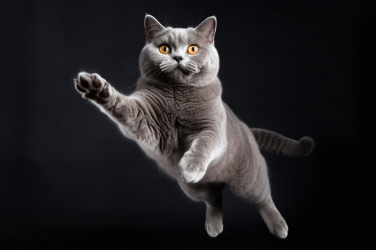 Happy Cheerful Cat British Shorthair In Jumping, In Flight On Gray Background Full Body, Wide Angle, Studio Photo. Generative AI
