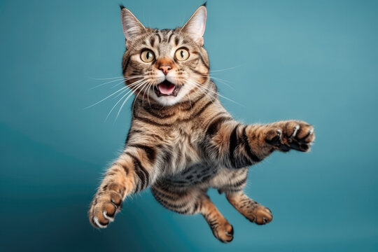 Very Happy Cheerful Cat Exotic In Jumping, In Flight On Light Blue Background Full Body, Wide Angle, Studio Photo. Generative AI