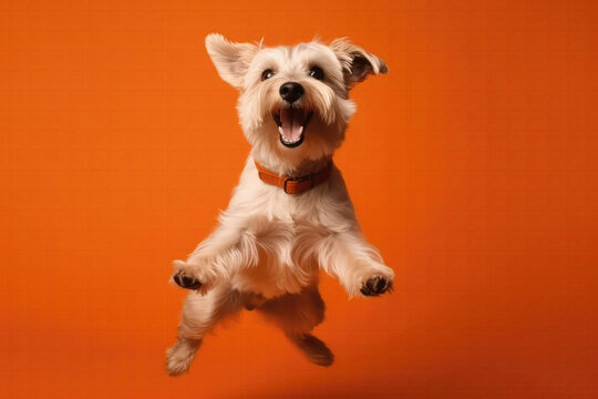 Very Happy Cheerful Dog In Jumping, In Flight On Orange Background Full Body, Wide Angle, Studio Photo. Generative AI