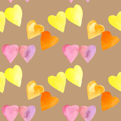 Seamless pattern of watercolor pink yellow and orange hearts. Hand drawn illustration. Hand painted elements on sand background.