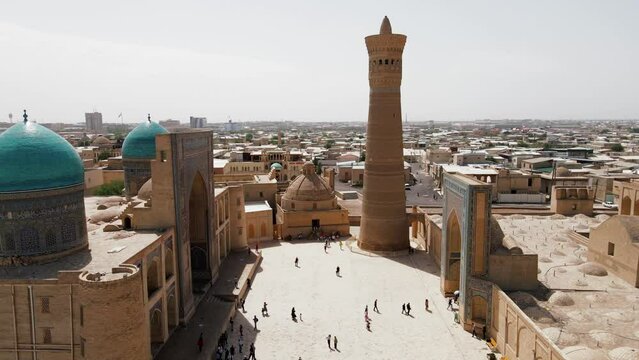 Buhara, Uzbekistan Aerial view of Mir-i-Arab Madrasa Kalyan minaret and Poi Kalyan Mosque. 