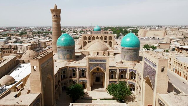 Buhara, Uzbekistan Aerial view of Mir-i-Arab Madrasa Kalyan minaret, Poi Kalyan Mosque and Ark of Bukhara 