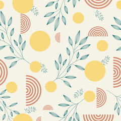 Seamless vector pattern with hand-drawn plants on a light background. Floral seamless pattern with circles.