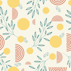 Seamless vector pattern with hand-drawn plants on a light background. Floral seamless pattern with circles