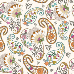 seamless pattern with decorative paisley, small and big flowers, and leaves in pastel tint.