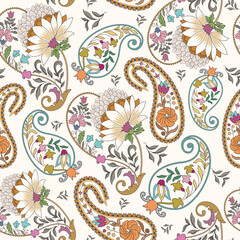 seamless pattern with decorative paisley, small and big flowers, and leaves in pastel tint.